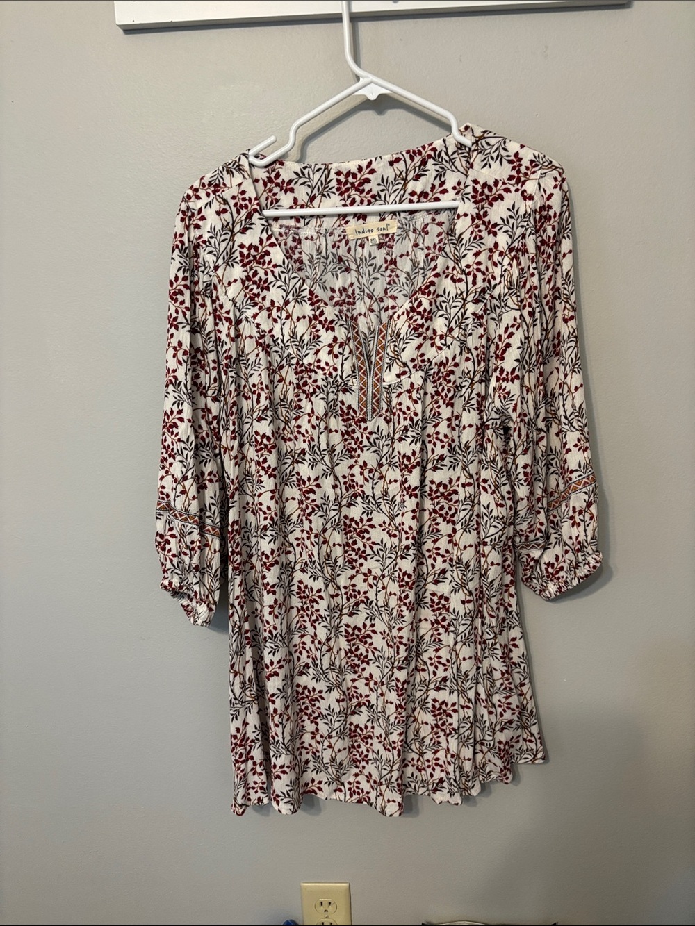 Indigo Soul Boho Floral Peasant Blouse - Red & Black on Cream
